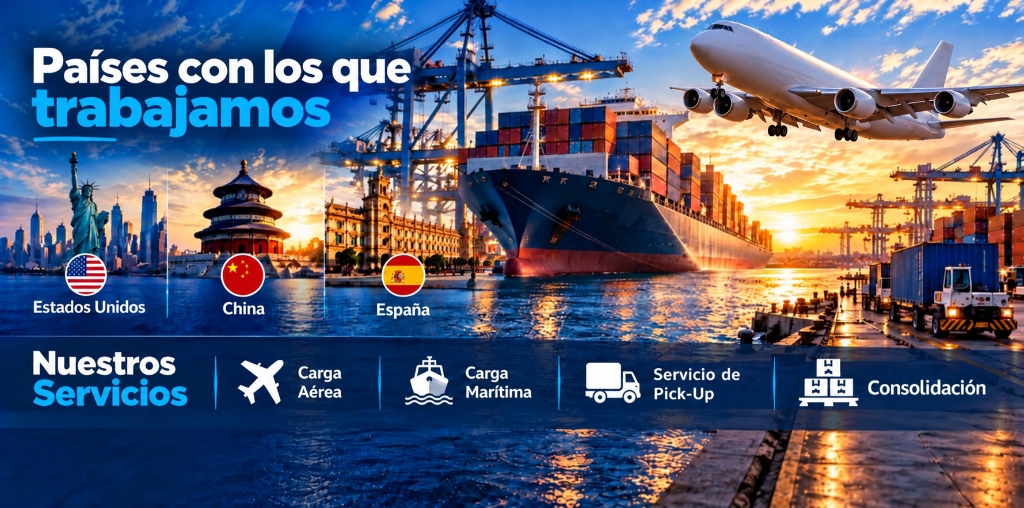 Países con los que trabajamos: Estados Unidos, China, España - Carga Aérea, Carga Marítima, Pick-Up, Consolidación